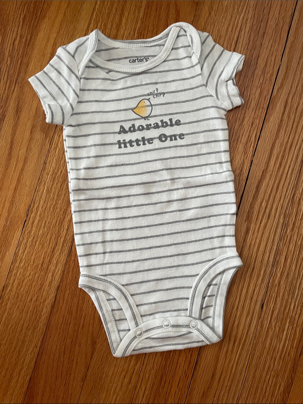 Carter's White & Gray Striped One-Piece with Yellow Bird Graphic
